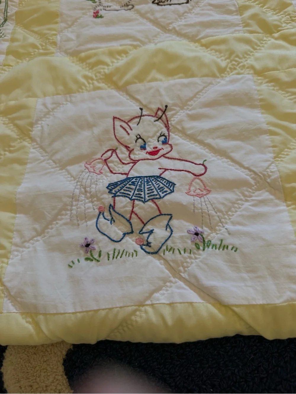 Hand-Embroidered Yellow & White Baby Quilt - Vintage Animal Blocks